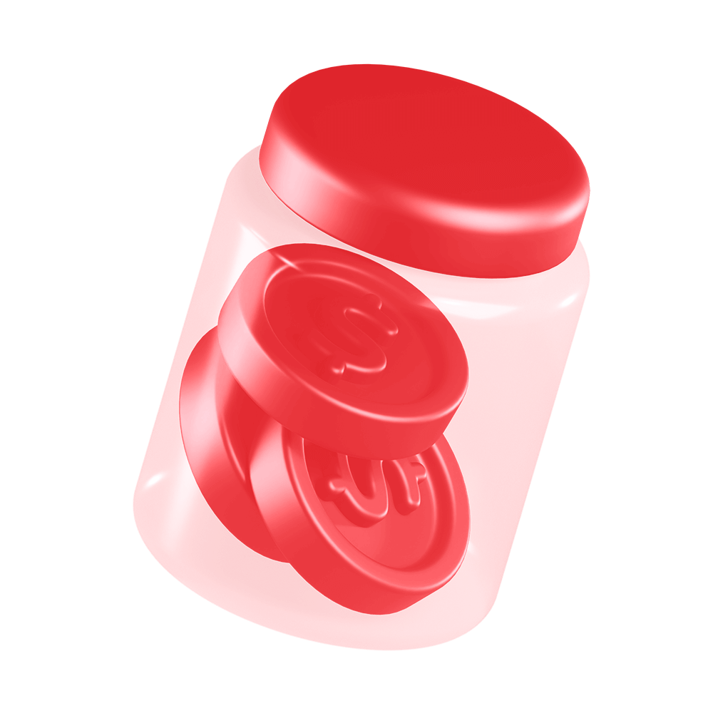 Red translucent jar with three red coins inside, each embossed with a dollar sign.