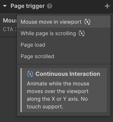 Dropdown menu under 'Page trigger' showing options: Mouse move in viewport, While page is scrolling, Page load, Page scrolled, with description for 'Continuous Interaction' about animating while mouse moves over viewport along X or Y axis, no touch support.