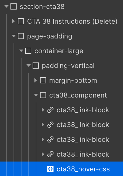 Code editor showing nested webpage section structure with nested containers and link blocks in a dark theme.