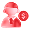 Red stylized icon of a person in a business suit with a dollar sign coin beside them, representing personal loans or financial services.